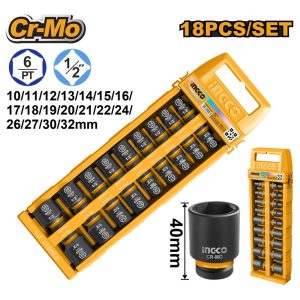 INGCO 18PCS 1/2" DR. CR-MO STANDARD IMPACT SOCKET SET 10-32MM HKISSD12186