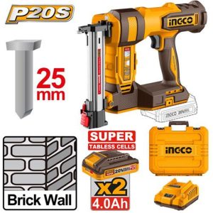 INGCO 20V ST25 BRAD NAILER 2X4.0 TABLESS BATT+CHARGER+CASE CBNLI38136
