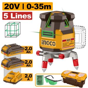 INGCO 20V 5-LINE GREEN LASER LEVELLER 4V1H 0-35M 2X2.0AH+TOOLBOX HLL3053085