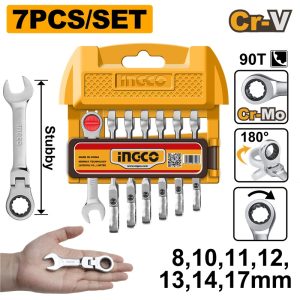 INGCO 7PCS SHORT FLEXI RATCHET SPANNER SET [8,10,11,12,13,14,17] HKSPAR2075