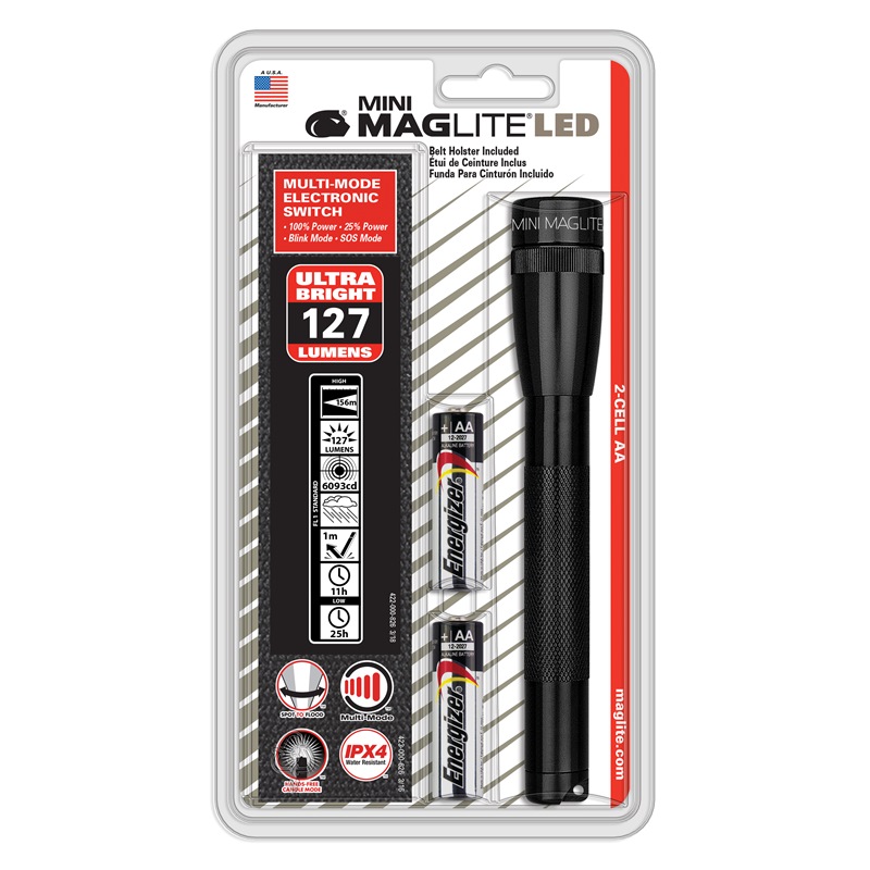 MAGLITE MINI LED 2AA FLASHLIGHT BLACK. HOLSTER PACK ML-SP2201H