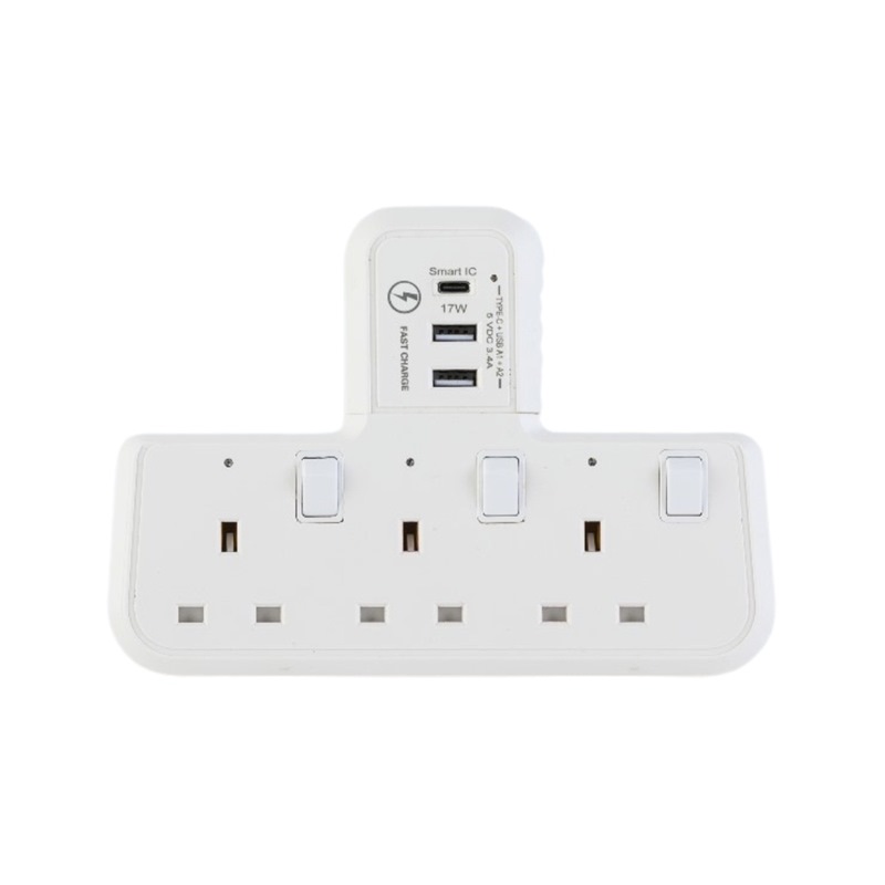 MORRIES T-SHAPE 3 WAY SOCKET ADAPTOR W/USB 2A 1C MS303USBCTSA