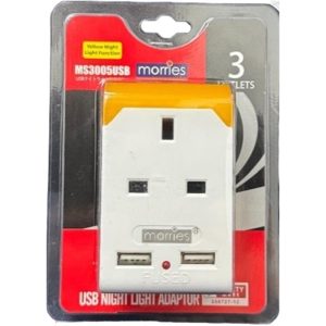 MORRIES 3WAY ADAPTOR W/ NIGHT LIGHT& 2 X USB-A (2.4A) MS3005USB/WH