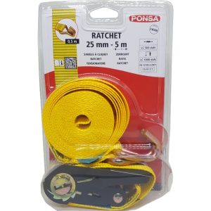 PONSA RATCHETS 25MM DOUBLE J HOOKS 5M YELLOW BELT