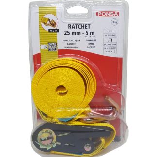 PONSA RATCHETS 25MM DOUBLE J HOOKS 5M YELLOW BELT