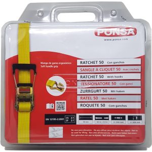 PONSA ERGONOMICS RATCHET 50MM DOUBLE J HOOKS 8.5M YELLOW BELT