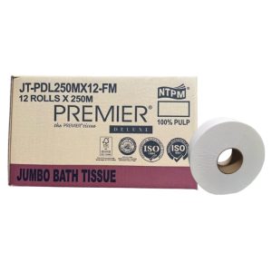 PREMIER DELUXE JUMBO TOILET ROLL 100% PULP 250MX12ROLL/CTN