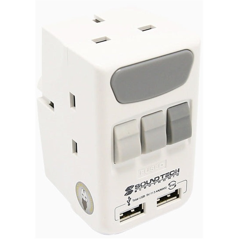 SOUNDTECH 3 WAY ADAPTOR W/SMART 3.4A USB AND SWITCH PP-38U