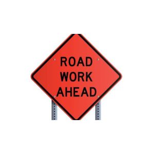 TRAFFIC REFLEXTIVE SIGN PLATE 90X90CM WORK AHEAD C/W METAL STAND