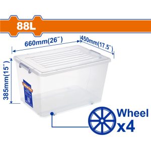 WADFOW 88L CLEAR STORAGE BOX W/4 WHEELS 26'X17.5"X15" WTB2588